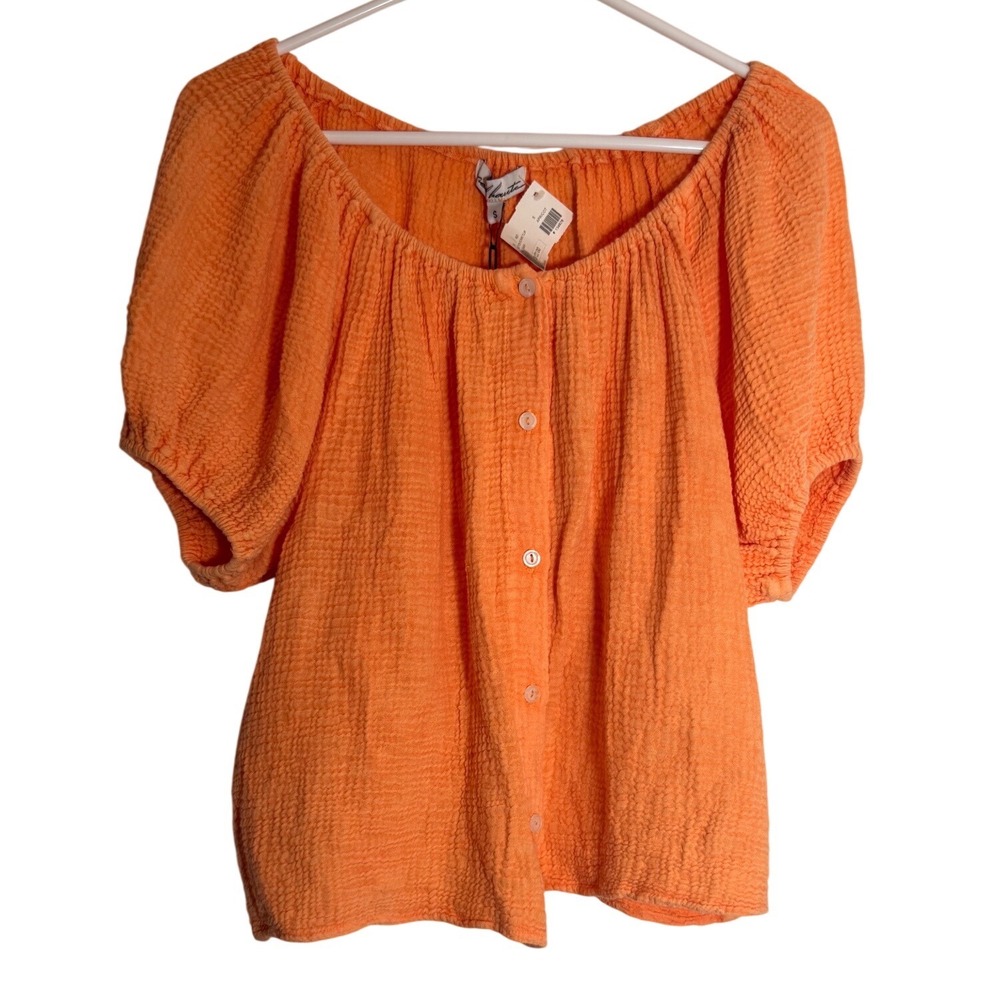 Red Haute Apricot Orange Textured Gauze Button Down Puff Sleeve Top NA7048W S